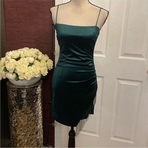 Guess Elegant Green Spaghetti Strap Dress with crystal fringe, XS - Picture 1 of 10